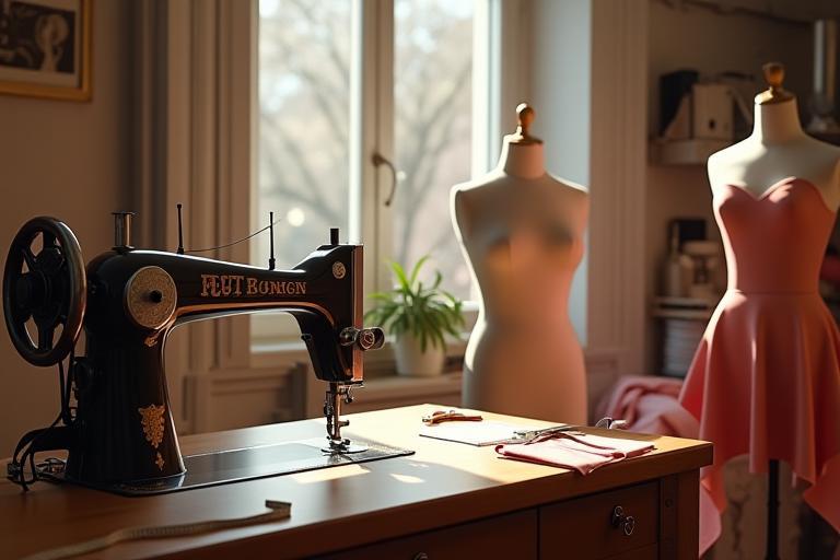 Vue intérieure d'un atelier de couture élégant avec des mannequins et des tissus, représentant les débuts de Mode Étoile.
