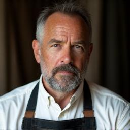 Portrait professionnel de Pierre Martin, le maître tailleur de Mode Étoile, avec un air de concentration et de savoir-faire.