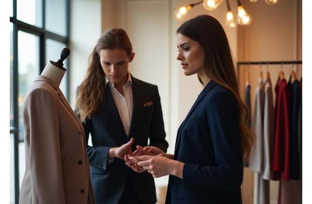 Consultation en style personnalisé Mode Étoile avec une styliste discutant de tissus et de couleurs avec un client dans un showroom de mode luxueux