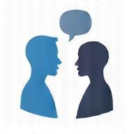 Icône de deux personnes en discussion face à face symbolisant une consultation ou un dialogue