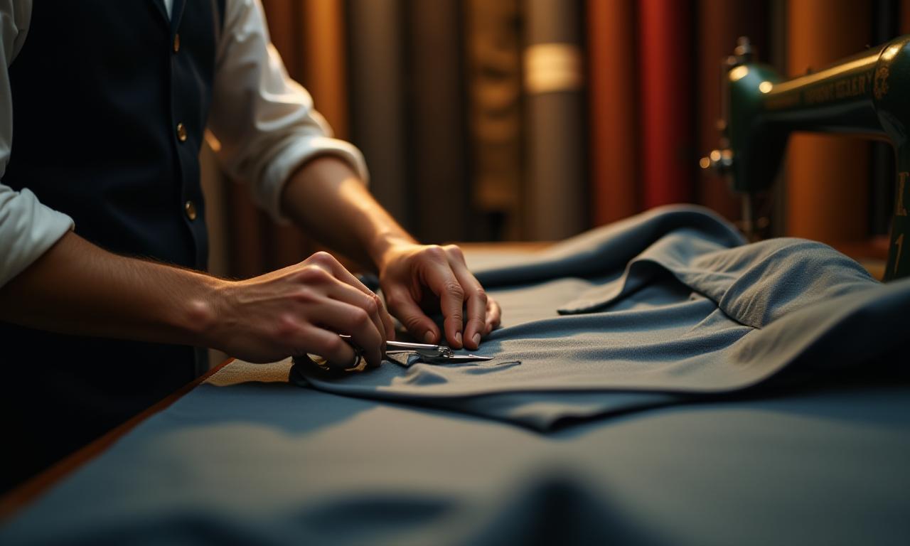 Détail d'un tailleur mesurant un tissu de chemise dans un atelier artisanal