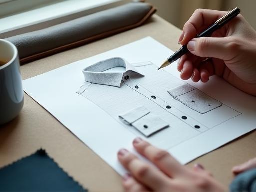 Main d'un designer esquissant un motif de chemise personnalisé sur du papier