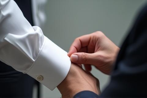 Détail d'une main ajustant une chemise sur mesure lors d'un essayage