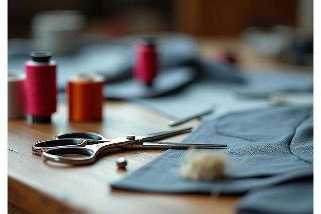 Gros plan sur les outils d'un tailleur, aiguilles, fils et ruban à mesurer, avec un vêtement en arrière-plan